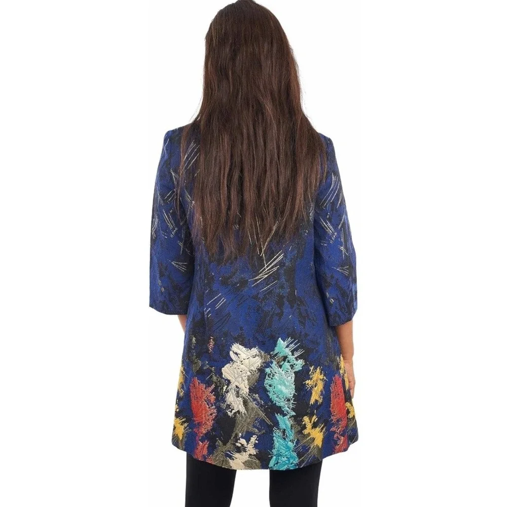 Joseph Ribkoff Metallic Abstract Art Jacquard Open Front Jacket Blue Gold Size 4
